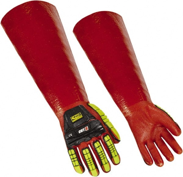 Ringers Gloves - Size L (10), 17" Long, 10 mil Thick, PVC Chemical Resistant Gloves - Textured Finish, KEVLAR Lined, Gauntlet Cuff, ANSI Abrasion Level 4, ANSI Cut Level 3, Hi-Viz Yellow/Red - Exact Tooling