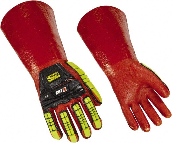 Ringers Gloves - Size M (10), 14" Long, 10 mil Thick, PVC Chemical Resistant Gloves - Textured Finish, KEVLAR Lined, Gauntlet Cuff, ANSI Abrasion Level 4, ANSI Cut Level 3, Hi-Viz Yellow/Red - Exact Tooling