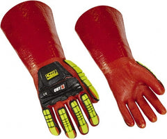 Ringers Gloves - Size XL (12), 14" Long, 10 mil Thick, PVC Chemical Resistant Gloves - Textured Finish, KEVLAR Lined, Gauntlet Cuff, ANSI Abrasion Level 4, ANSI Cut Level 3, Hi-Viz Yellow/Red - Exact Tooling