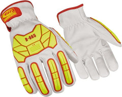Ringers Gloves - Size 2XL (12), ANSI Cut Lvl 3, Goatskin Leather Cut Resistant Gloves - Hook & Loop Cuff, White/Hi-Vis Yellow, Paired - Exact Tooling