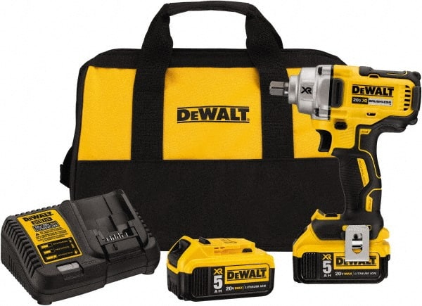 DeWALT - 1/2" Drive 20 Volt Mid-Handle Cordless Impact Wrench & Ratchet - 2,000 RPM, 0 to 3,100 BPM, 330 Ft/Lb Torque, 2 Lithium-Ion Batteries Included - Exact Tooling