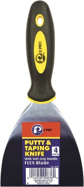 Premier Paint Roller - 4" Wide Spring Blade Steel Taping Knife - Stiff, Soft Grip Plastic Handle, 8.343" OAL - Exact Tooling