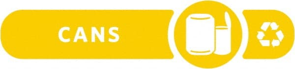 Rubbermaid - Trash Can Decal Message: Cans - English, Text on Color, Yellow, Indoor & Outdoor, Apply to Polypropylene, 2-37/64" Wide - Exact Tooling