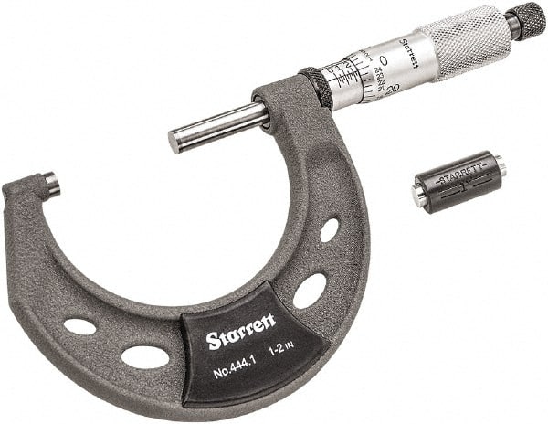 Starrett - 1 to 2" Range, 0.0001" Graduation, Mechanical Outside Micrometer - Ratchet Thimble, 1-1/4" Throat Depth, Accurate to 0.0001" - Exact Tooling