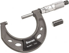 Starrett - 1 to 2" Range, 0.0001" Graduation, Mechanical Outside Micrometer - Ratchet Thimble, 1-1/4" Throat Depth, Accurate to 0.0001" - Exact Tooling