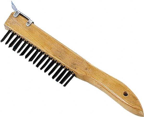 Premier Paint Roller - Steel Surface Preparation Wire Brush - 1" Bristle Length, 1" Wide, 10" OAL, Wood Block, Tapered Wood Handle - Exact Tooling