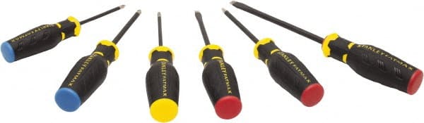 Stanley - 6 Piece Slotted, Phillips, Square & Torx Screwdriver Set - Quad-Lobular Four-Sided Handle, Blade Sizes: Length 6, Width 1/4 & 5/16, Bit Sizes: Philips #2, Torx T25, Tip Thickness: 1/4 & 5/16 - Exact Tooling