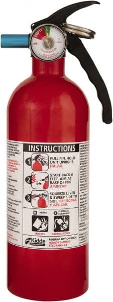 Kidde - 1.5 Lb, 5-B:C Rated, Dry Chemical Fire Extinguisher - 3-1/4" Diam x 11.65" High, 100 psi, 8' Discharge in 12 sec, Seamless Aluminum Cylinder - Exact Tooling