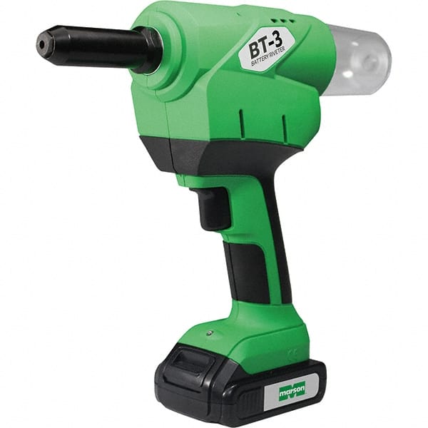 Marson - 3/16 to 1/4" Closed End Rivet Capacity , 4,600 Lb Pull Force Cordless Electric Riveter - 1.18" Stroke Length, 20 VDC, Mandrel Collection, Battery Included - Exact Tooling