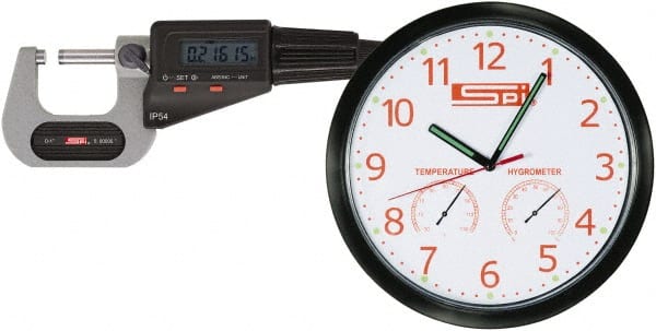 SPI - 0 to 1" Range, 0.00005" Resolution, Standard Throat IP54 Electronic Outside Micrometer - 0.00016" Accuracy, Friction Thimble, Carbide-Tipped Face, LR44 Battery, Includes NIST Traceable Certification of Inspection - Exact Tooling