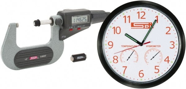 SPI - 1 to 2" Range, 0.00005" Resolution, Standard Throat IP54 Electronic Outside Micrometer - 0.00016" Accuracy, Friction Thimble, Carbide-Tipped Face, LR44 Battery, Includes NIST Traceable Certification of Inspection - Exact Tooling