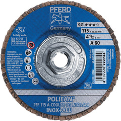 PFERD - Flap Discs; Abrasive Type: Coated ; Flap Disc Type: Type 27 ; Disc Diameter (Inch): 4-1/2 ; Abrasive Material: Aluminum Oxide ; Grit: 60 ; Attaching System: Threaded Hole - Exact Tooling