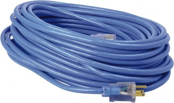 Southwire - 100', 14/3 Gauge/Conductors, Blue & Yellow Industrial Extension Cord - 3 Receptacles, 10 Amps, 125 VAC, UL SJTW, NEMA 5-15P - Exact Tooling