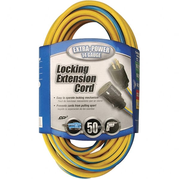 Southwire - 50', 14/3 Gauge/Conductors, Blue & Yellow Locking Extension Cord - 15 Amps, 125 VAC, UL SJTW, NEMA 5-15P - Exact Tooling