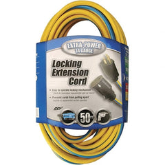 Southwire - 50', 14/3 Gauge/Conductors, Blue & Yellow Locking Extension Cord - 15 Amps, 125 VAC, UL SJTW, NEMA 5-15P - Exact Tooling