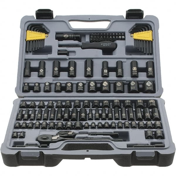 Stanley - 123 Piece 1/4" Drive Black Chrome Finish Socket Set - 12 Points, 5/32" to 1/2" (4mm to 12mm) Range, Inch/Metric Measurement Standard - Exact Tooling