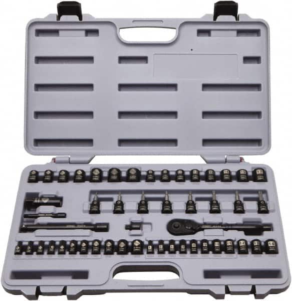 Stanley - 50 Piece 1/4 & 3/8" Drive Standard Socket Set - 5/32 to 9/16", 4 to 18mm, Inch/Metric Measurement Standard - Exact Tooling