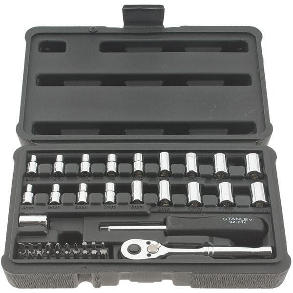Stanley - 41 Piece 1/4" Drive Chrome Finish Socket Set - 12 Points, 5/32" to 11/16" (4mm to 17mm) Range, Inch/Metric Measurement Standard - Exact Tooling