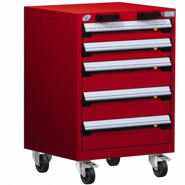 Rousseau Metal - 5 Drawer Steel Tool Roller Cabinet - 24" Wide x 35-1/8" High x 21" Deep, Ball Bearing Drawer Slides, Red - Exact Tooling
