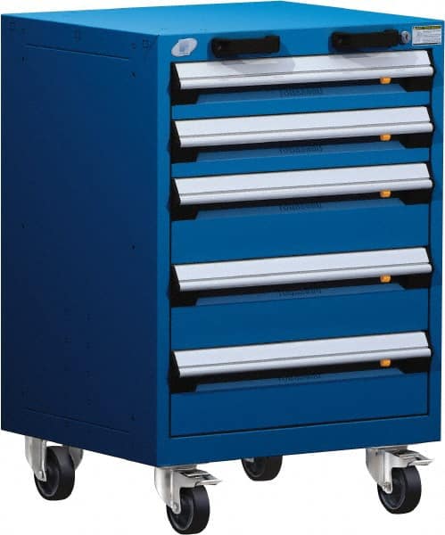 Rousseau Metal - 5 Drawer Steel Tool Roller Cabinet - 24" Wide x 35-1/8" High x 21" Deep, Ball Bearing Drawer Slides, Blue - Exact Tooling