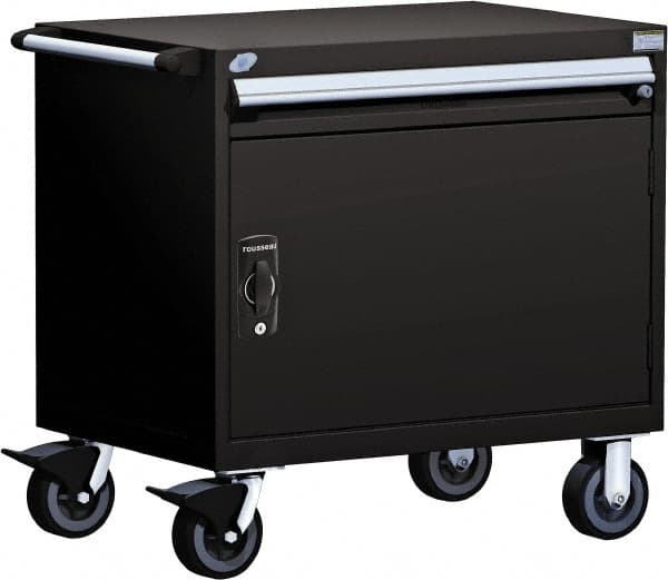 Rousseau Metal - 1 Drawer Steel Tool Roller Cabinet - 30" Wide x 35-1/8" High x 21" Deep, Ball Bearing Drawer Slides, Black - Exact Tooling