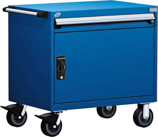 Rousseau Metal - 1 Drawer Steel Tool Roller Cabinet - 30" Wide x 35-1/8" High x 21" Deep, Ball Bearing Drawer Slides, Blue - Exact Tooling