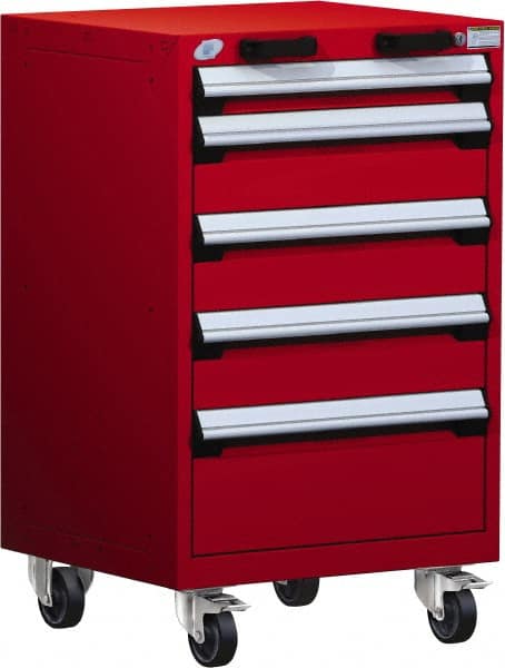 Rousseau Metal - 5 Drawer Steel Tool Roller Cabinet - 24" Wide x 39-1/8" High x 27" Deep, Ball Bearing Drawer Slides, Red - Exact Tooling