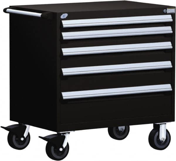 Rousseau Metal - 5 Drawer Steel Tool Roller Cabinet - 36" Wide x 37-1/2" High x 24" Deep, Ball Bearing Drawer Slides, Black - Exact Tooling