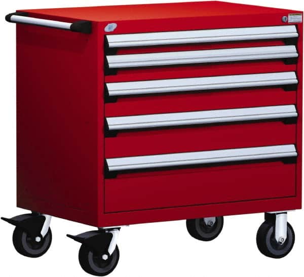 Rousseau Metal - 5 Drawer Steel Tool Roller Cabinet - 36" Wide x 37-1/2" High x 24" Deep, Ball Bearing Drawer Slides, Red - Exact Tooling