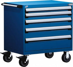 Rousseau Metal - 5 Drawer Steel Tool Roller Cabinet - 36" Wide x 37-1/2" High x 24" Deep, Ball Bearing Drawer Slides, Blue - Exact Tooling