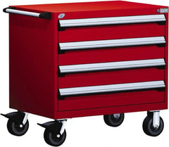 Rousseau Metal - 4 Drawer Steel Tool Roller Cabinet - 36" Wide x 35-1/8" High x 18" Deep, Ball Bearing Drawer Slides, Red - Exact Tooling