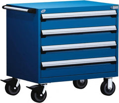 Rousseau Metal - 4 Drawer Steel Tool Roller Cabinet - 30" Wide x 35-1/8" High x 21" Deep, Ball Bearing Drawer Slides, Blue - Exact Tooling