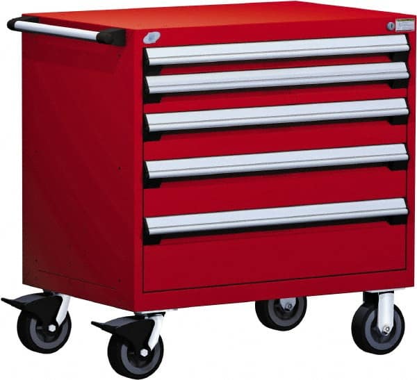 Rousseau Metal - 5 Drawer Steel Tool Roller Cabinet - 36" Wide x 37-1/2" High x 18" Deep, Ball Bearing Drawer Slides, Red - Exact Tooling