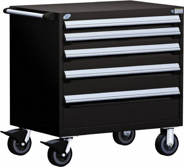 Rousseau Metal - 5 Drawer Steel Tool Roller Cabinet - 30" Wide x 37-1/2" High x 21" Deep, Ball Bearing Drawer Slides, Black - Exact Tooling