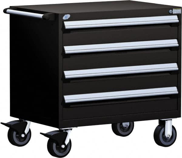Rousseau Metal - 4 Drawer Steel Tool Roller Cabinet - 36" Wide x 35-1/8" High x 24" Deep, Ball Bearing Drawer Slides, Black - Exact Tooling
