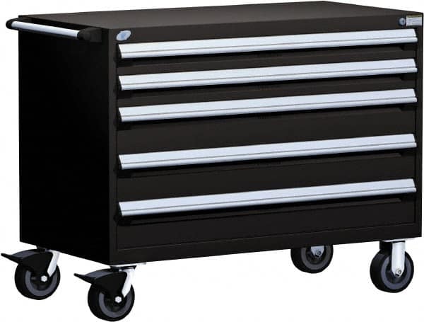 Rousseau Metal - 5 Drawer Steel Tool Roller Cabinet - 48" Wide x 37-1/2" High x 24" Deep, Ball Bearing Drawer Slides, Black - Exact Tooling