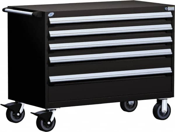 Rousseau Metal - 5 Drawer Steel Tool Roller Cabinet - 48" Wide x 37-1/2" High x 27" Deep, Ball Bearing Drawer Slides, Black - Exact Tooling