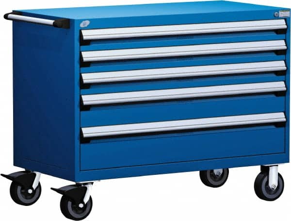 Rousseau Metal - 5 Drawer Steel Tool Roller Cabinet - 48" Wide x 37-1/2" High x 27" Deep, Ball Bearing Drawer Slides, Blue - Exact Tooling