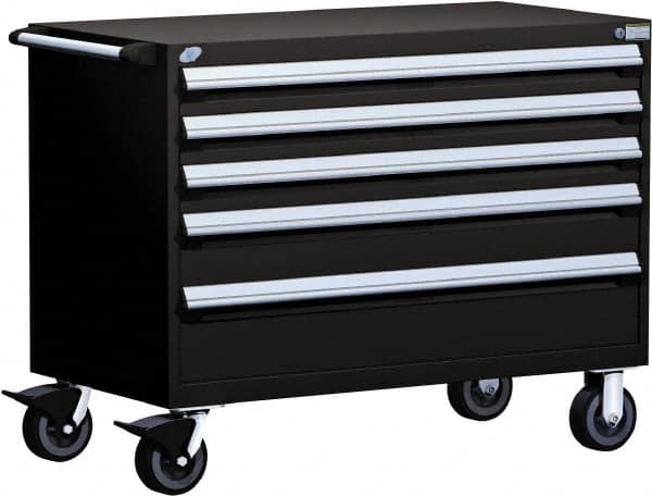 Rousseau Metal - 5 Drawer Steel Tool Roller Cabinet - 48" Wide x 37-1/2" High x 24" Deep, Ball Bearing Drawer Slides, Black - Exact Tooling