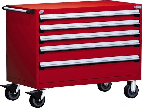 Rousseau Metal - 5 Drawer Steel Tool Roller Cabinet - 48" Wide x 37-1/2" High x 24" Deep, Ball Bearing Drawer Slides, Red - Exact Tooling