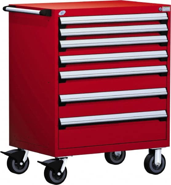Rousseau Metal - 5 Drawer Steel Tool Roller Cabinet - 36" Wide x 45-1/2" High x 24" Deep, Ball Bearing Drawer Slides, Red - Exact Tooling