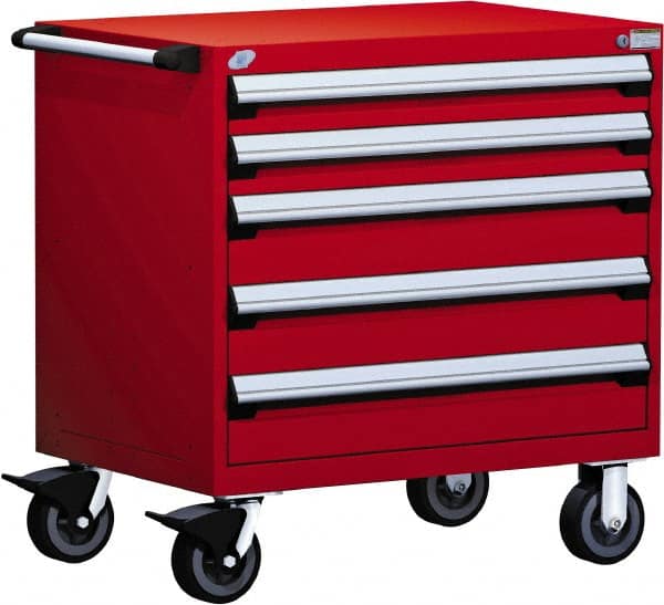 Rousseau Metal - 5 Drawer Steel Tool Roller Cabinet - 30" Wide x 37-1/2" High x 27" Deep, Ball Bearing Drawer Slides, Red - Exact Tooling