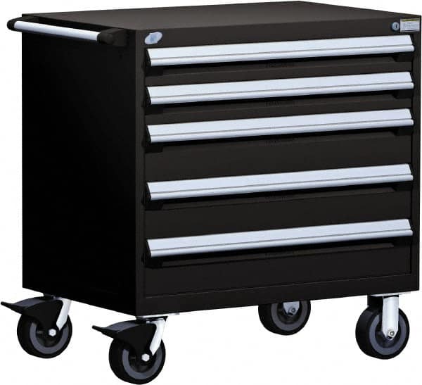 Rousseau Metal - 5 Drawer Steel Tool Roller Cabinet - 30" Wide x 37-1/2" High x 21" Deep, Ball Bearing Drawer Slides, Black - Exact Tooling