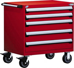 Rousseau Metal - 5 Drawer Steel Tool Roller Cabinet - 36" Wide x 37-1/2" High x 24" Deep, Ball Bearing Drawer Slides, Red - Exact Tooling