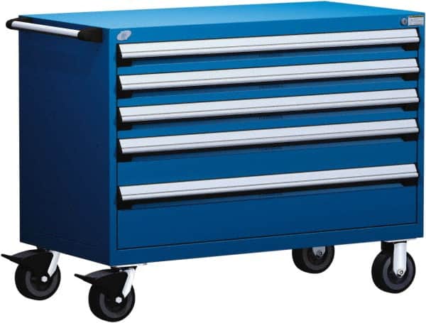 Rousseau Metal - 5 Drawer Steel Tool Roller Cabinet - 48" Wide x 37-1/2" High x 24" Deep, Ball Bearing Drawer Slides, Blue - Exact Tooling