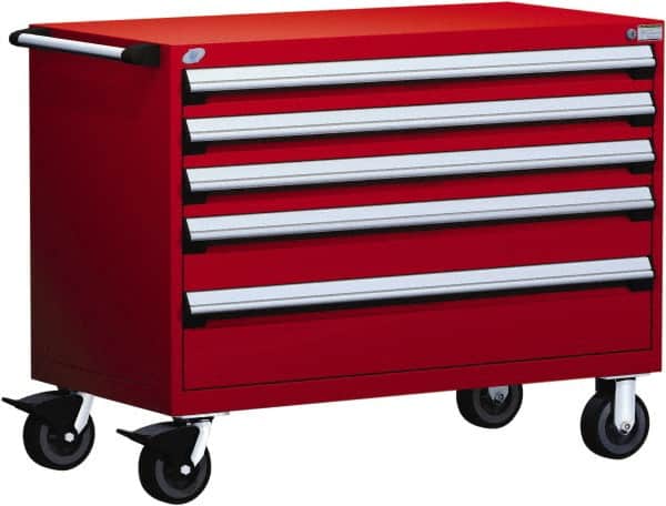 Rousseau Metal - 5 Drawer Steel Tool Roller Cabinet - 48" Wide x 37-1/2" High x 27" Deep, Ball Bearing Drawer Slides, Red - Exact Tooling