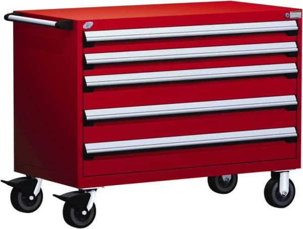 Rousseau Metal - 5 Drawer Steel Tool Roller Cabinet - 48" Wide x 37-1/2" High x 27" Deep, Ball Bearing Drawer Slides, Red - Exact Tooling