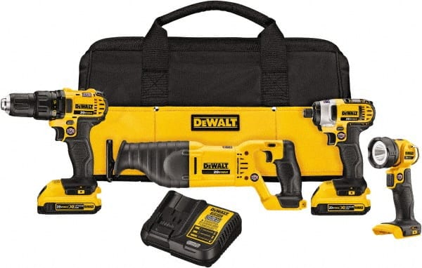 DeWALT - 20 Volt Cordless Tool Combination Kit - Includes 1/2" Drill/Driver, 1/4" Impact Driver, Reciprocating Saw & LED Worklight, Lithium-Ion Battery Included - Exact Tooling