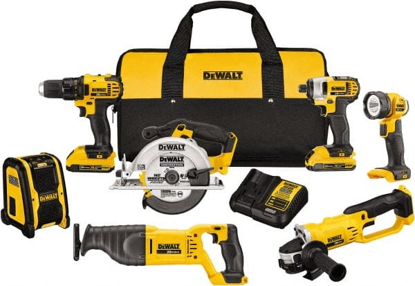 DeWALT - 20 Volt Cordless Tool Combination Kit - Includes 1/2" Compact Drill/Driver, 1/4" Impact Driver, Cut-off Tool/Grinder, Reciprocating Saw, 6-1/2 Circular Saw, LED Worklight & Bluetooth Speaker, Lithium-Ion Battery Included - Exact Tooling