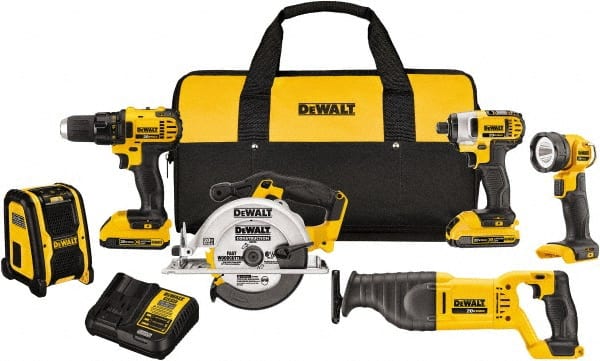 DeWALT - 20 Volt Cordless Tool Combination Kit - Includes 1/2" Compact Drill/Driver, 1/4" Impact Driver, Reciprocating Saw, 6-1/2 Circular Saw, LED Worklight & Bluetooth Speaker, Lithium-Ion Battery Included - Exact Tooling